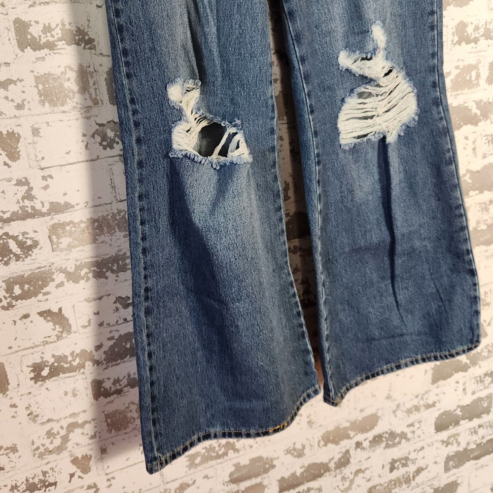 Forever 21 Jeans Women Size 27 Baggy Flare Wide Leg Ripped Distressed Y2K Denim - Picture 5 of 16